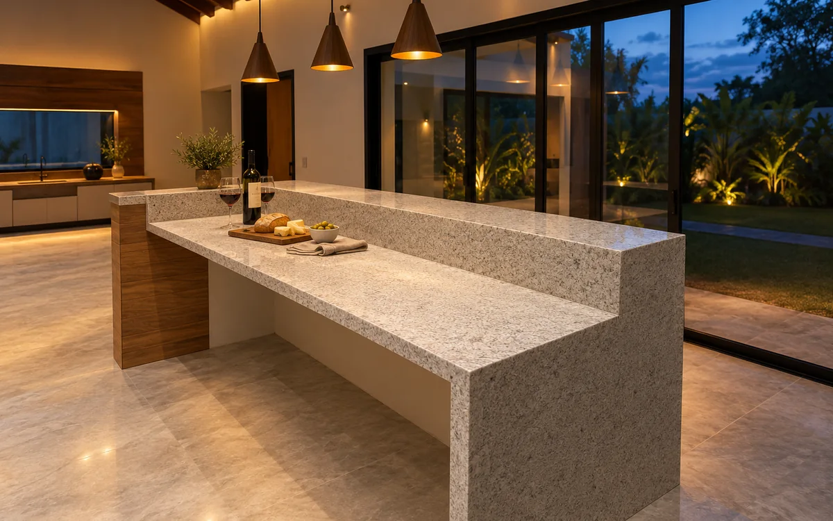 Bancada gourmet em pedra clara com cascata e balcão em dois níveis, sob pendentes acesos, numa área gourmet de forro de madeira aberta para o jardim