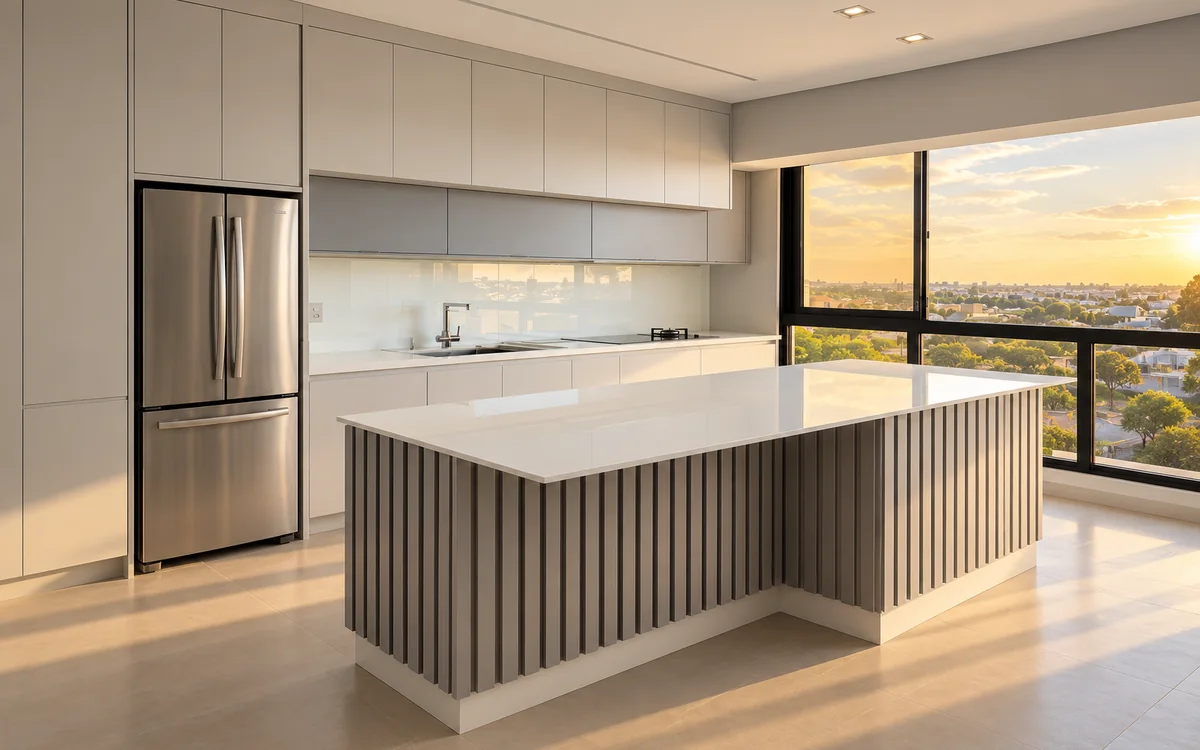 Ilha de cozinha com tampo em Quartzo Branco Zeus e lateral ripada, feita pela Marmoraria Efraim em Sinop, na luz do fim da tarde