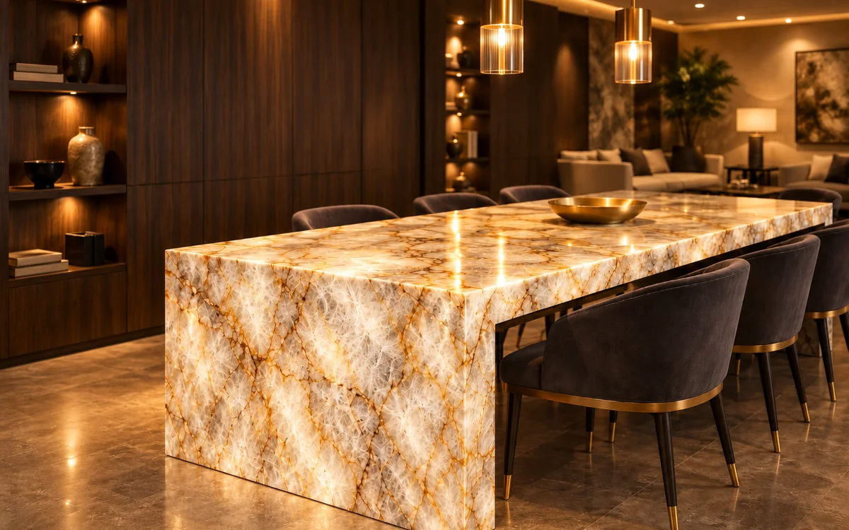 Mesa de jantar monolítica em Quartzito Onix Cristalo polido, com cascata nas pontas, em sala de madeira escura e latão