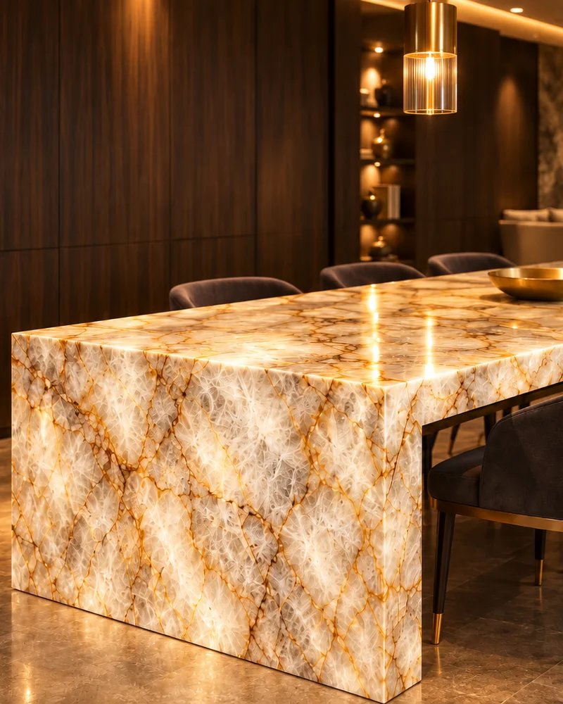 Mesa de jantar monolítica em Quartzito Onix Cristalo polido, com cascata nas pontas, em sala de madeira escura e latão